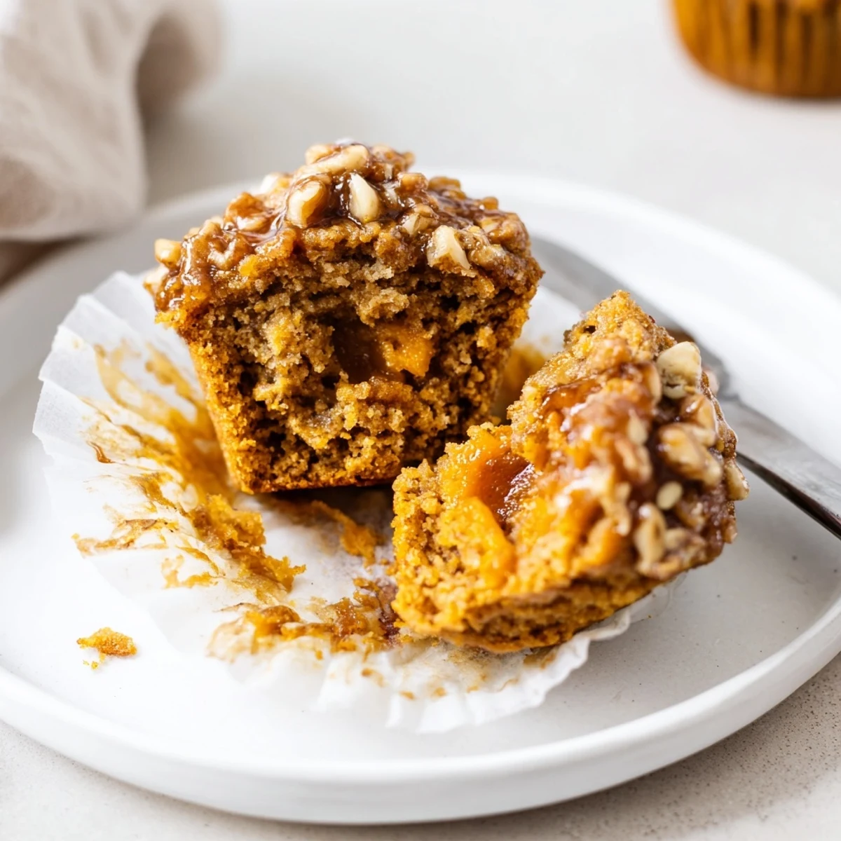 Butternut Squash Banana Muffins sliced to reveal moist orange-speckled interior, perfect breakfast