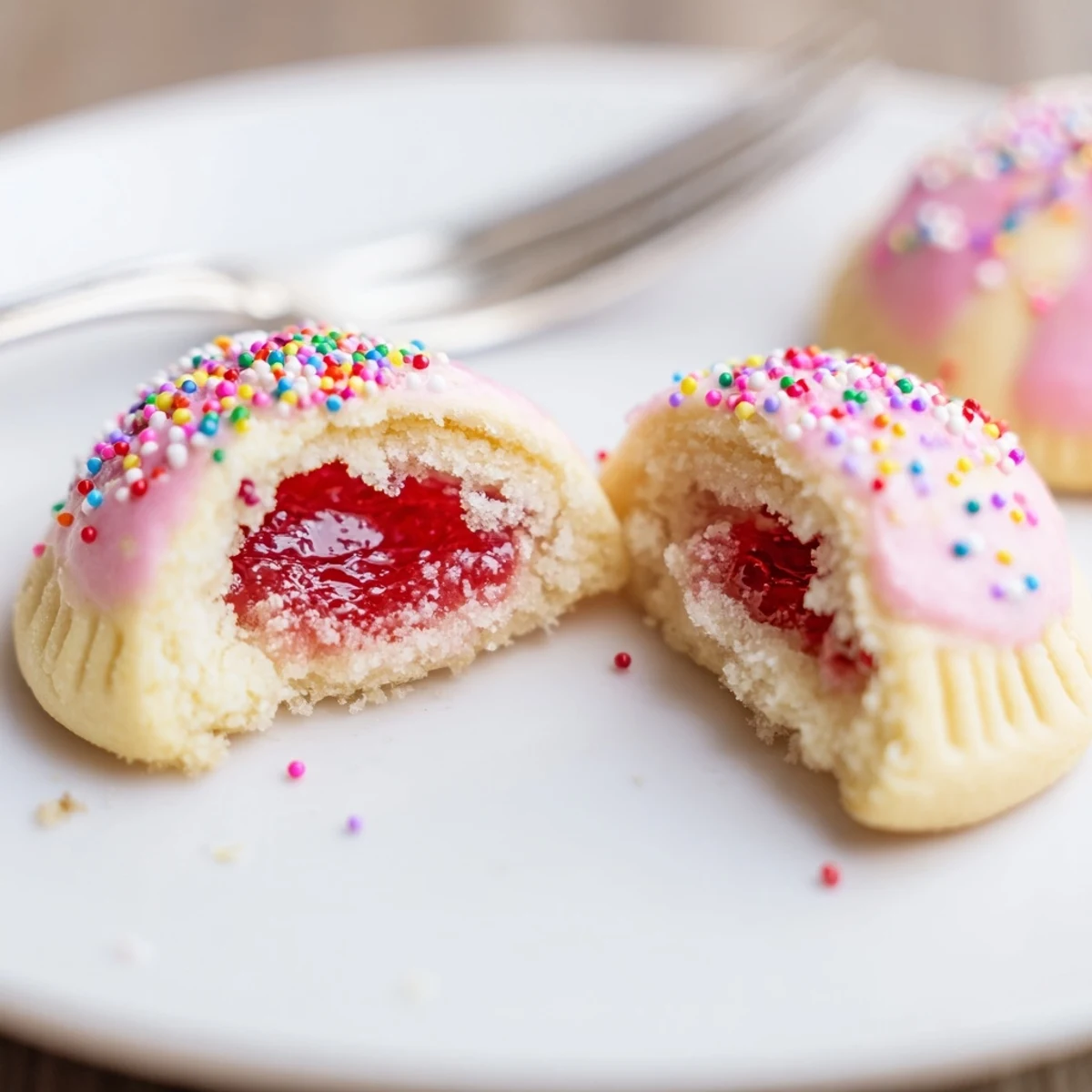 Freshly baked Strawberry Pop Tart Cookies split open, oozing warm strawberry jam