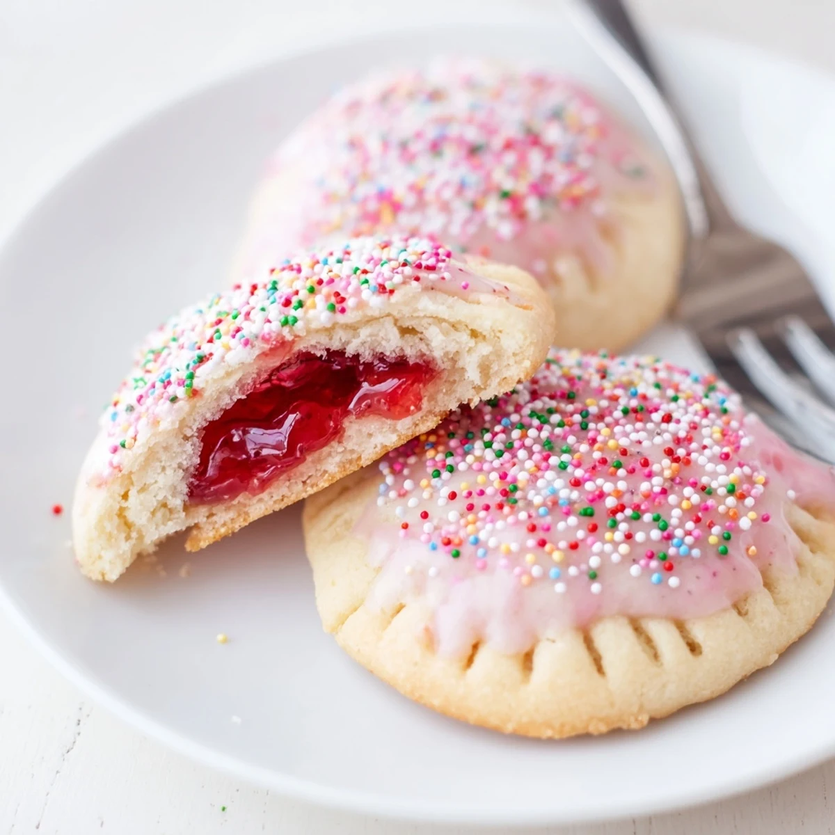 Strawberry Pop Tart Cookies with glossy pink glaze, rainbow sprinkles on cooling rack