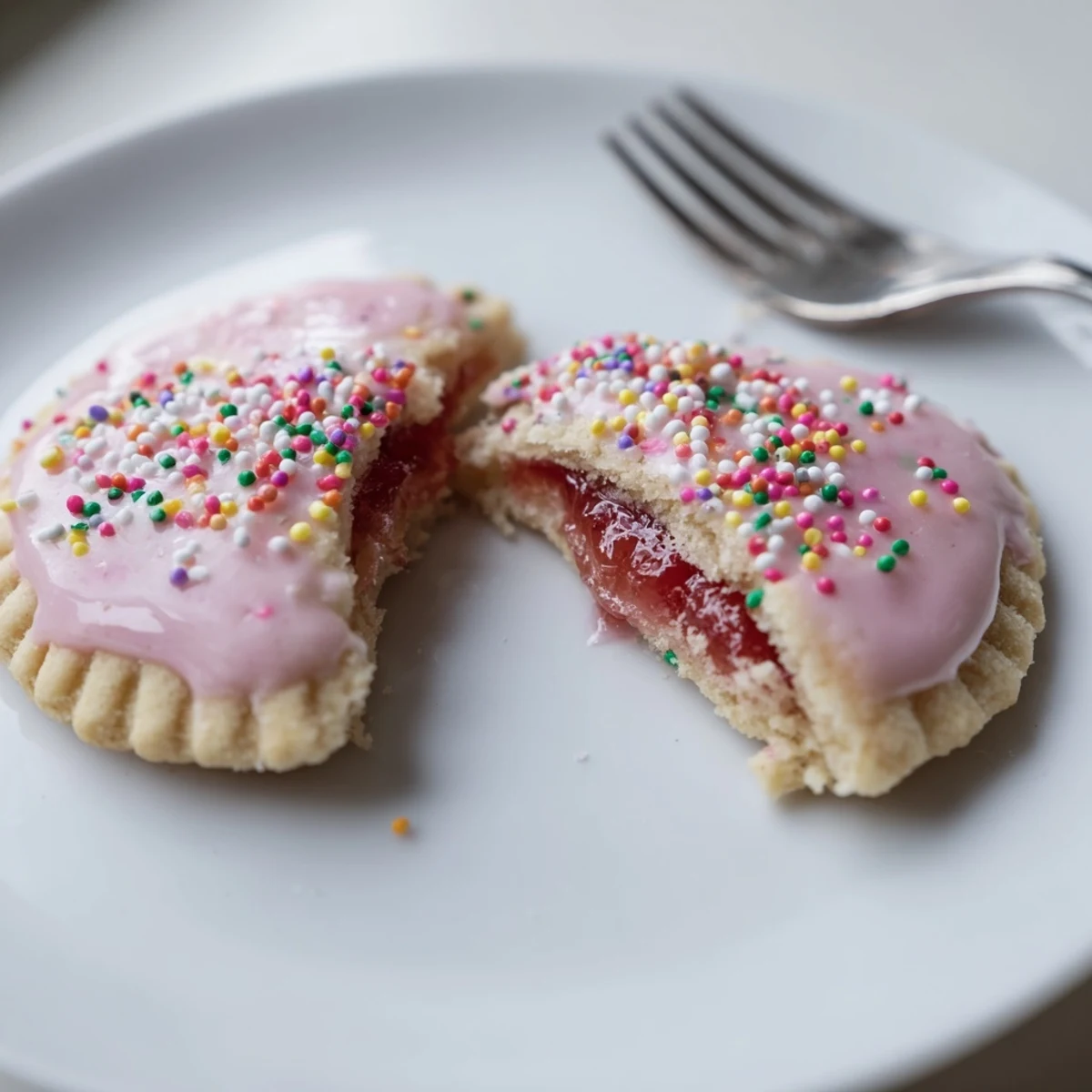Plate of Strawberry Pop Tart Cookies served with cold milk, festive sprinkles