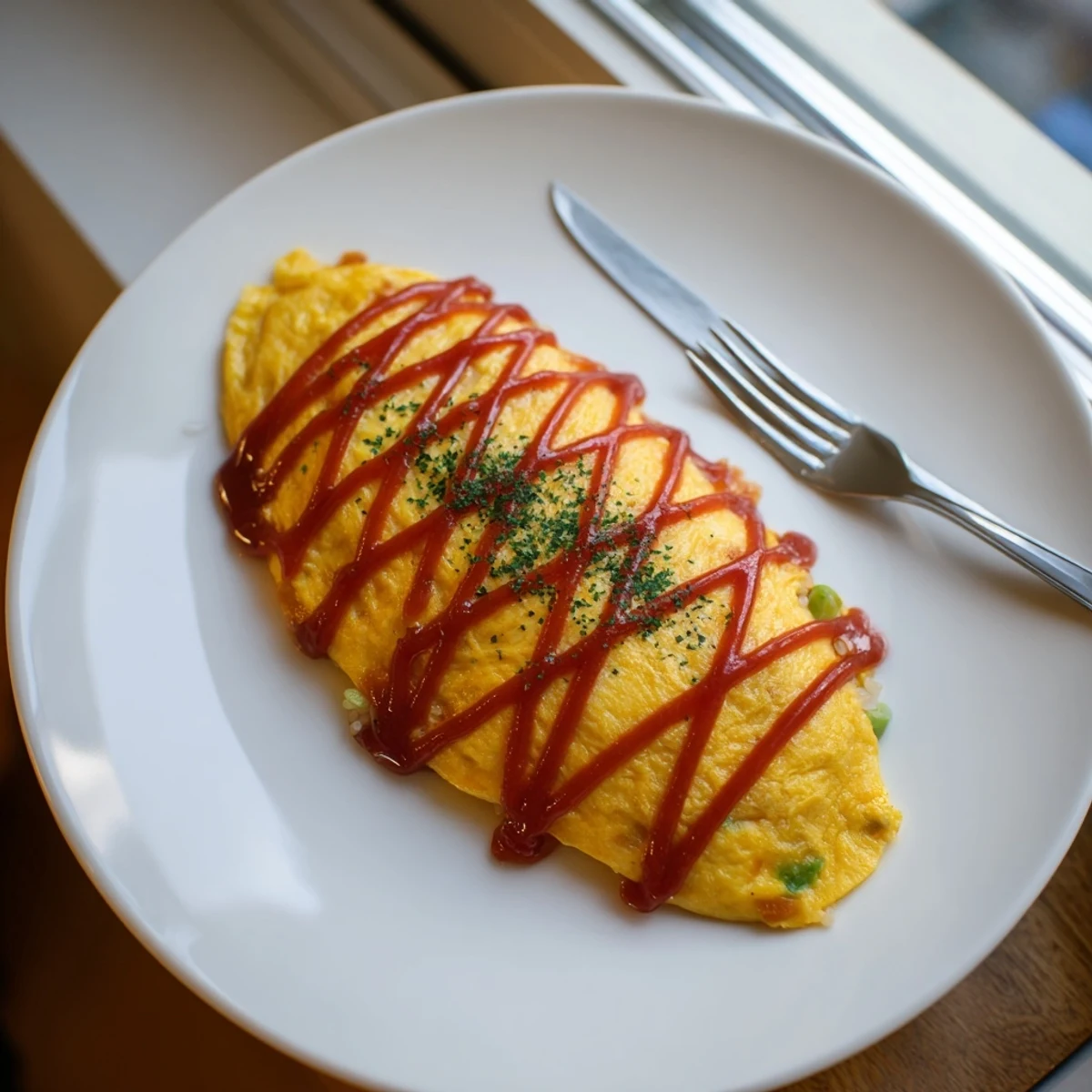 Golden omurice with ketchup drizzle over fluffy fried rice wrapped in a tender omelette.