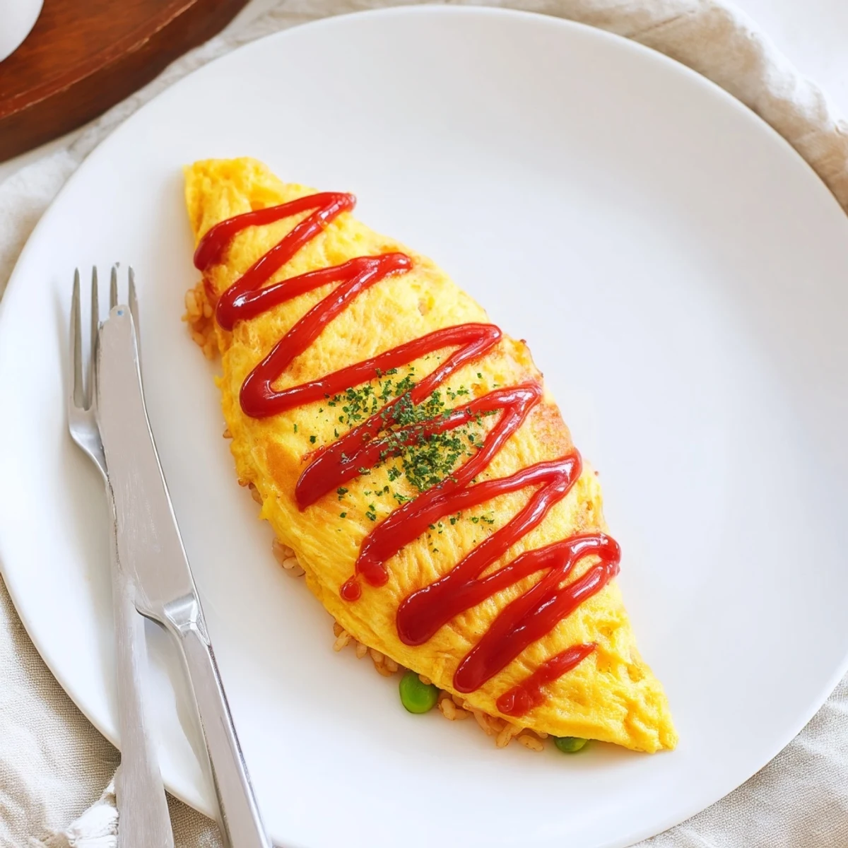 Steaming omurice plated seam side down with vibrant ketchup and fresh parsley garnish.