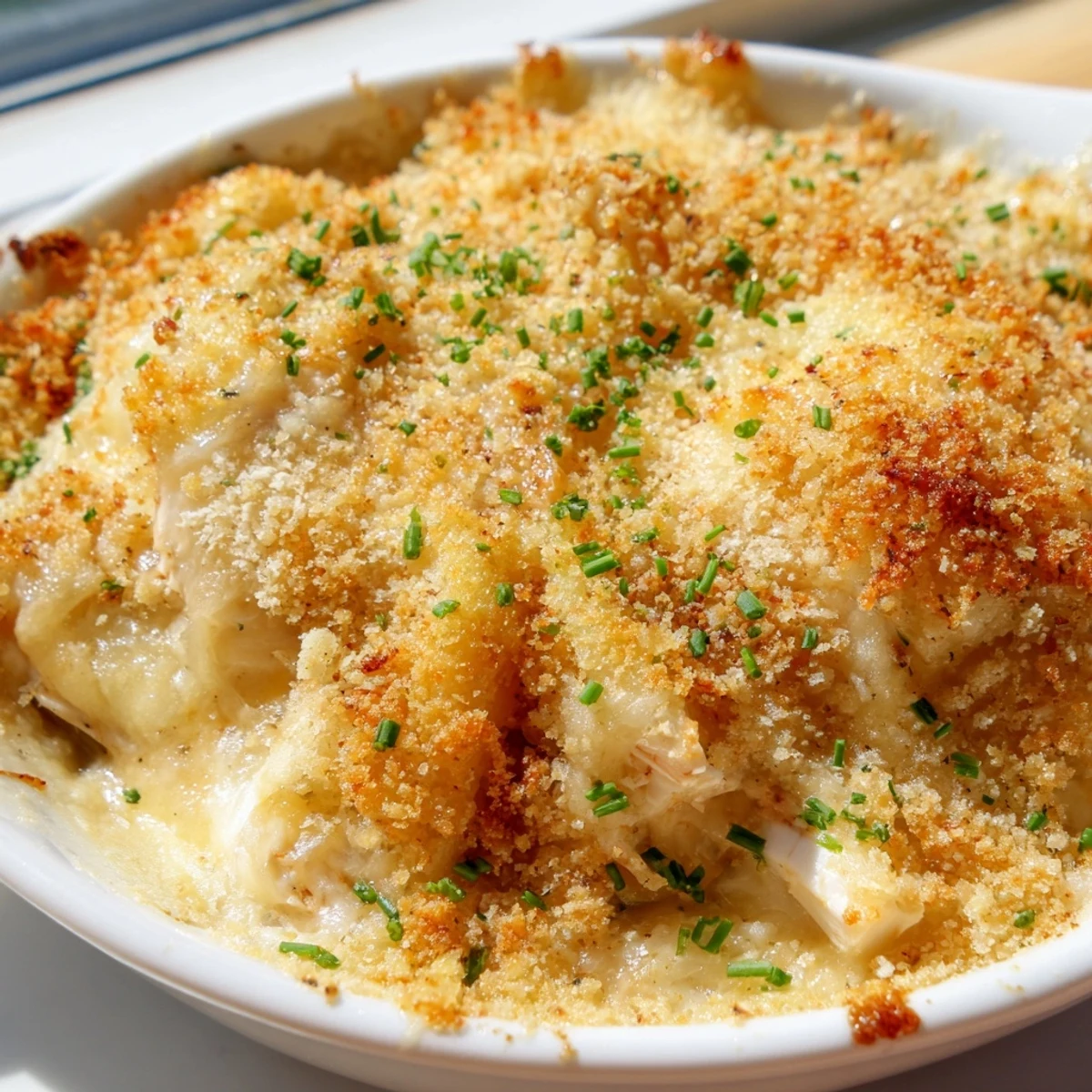 Creamy cheesy jumbo lump crab au gratin bubbling with golden panko crust