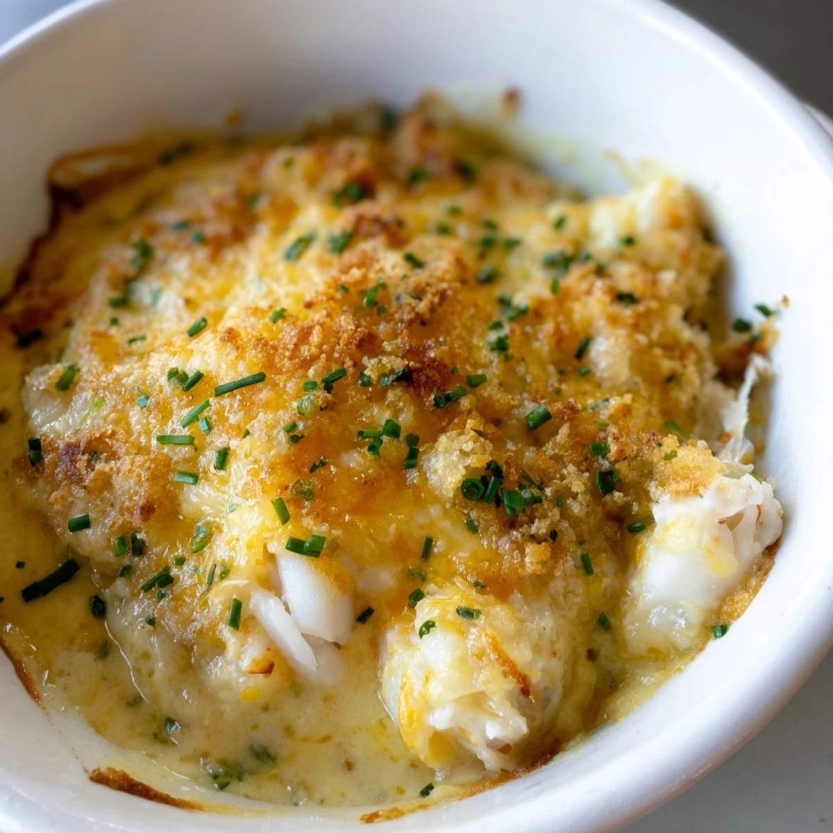 Golden-topped cheesy jumbo lump crab au gratin served in rustic baking dish