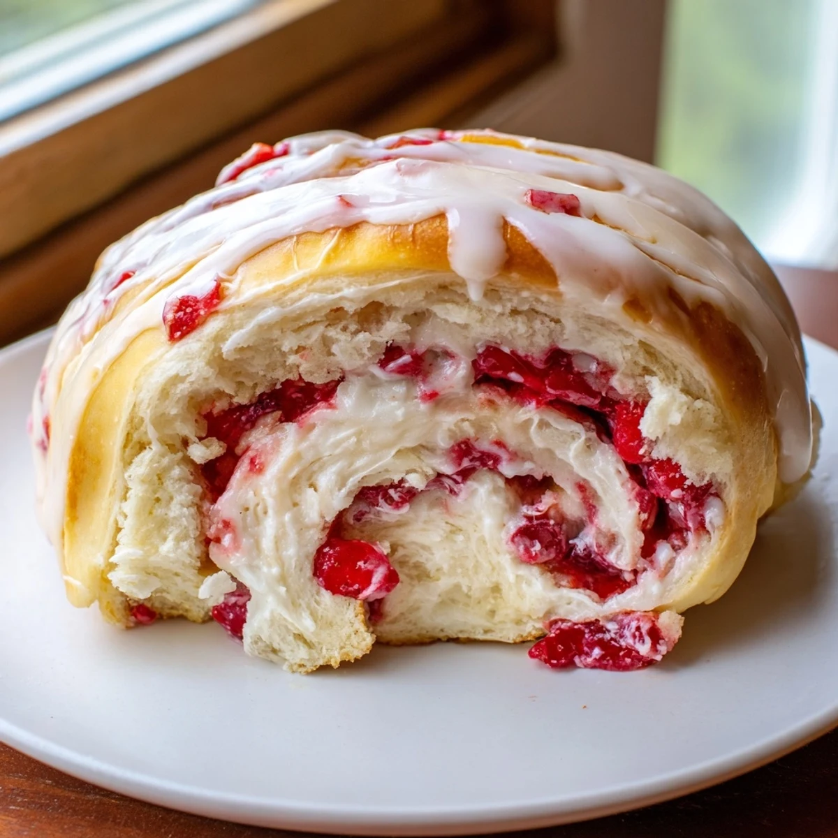Golden strawberry cheesecake rolls drizzled with sweet vanilla glaze on a rustic plate
