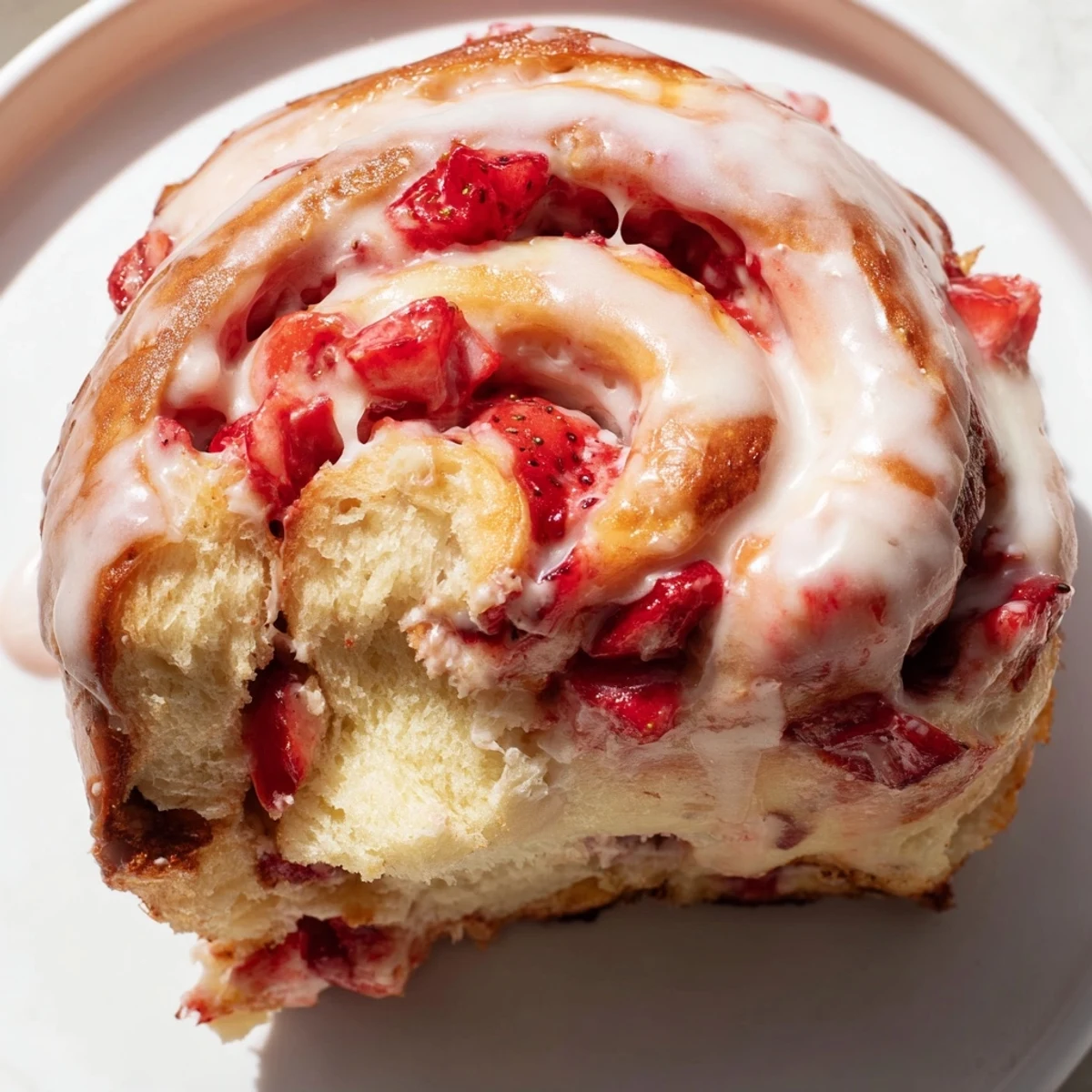 Soft pillowy strawberry cheesecake rolls bubbling with creamy filling and juicy berries