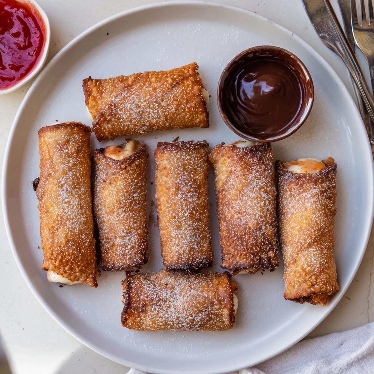 Crispy golden cheesecake egg rolls dusted with powdered sugar on a white plate