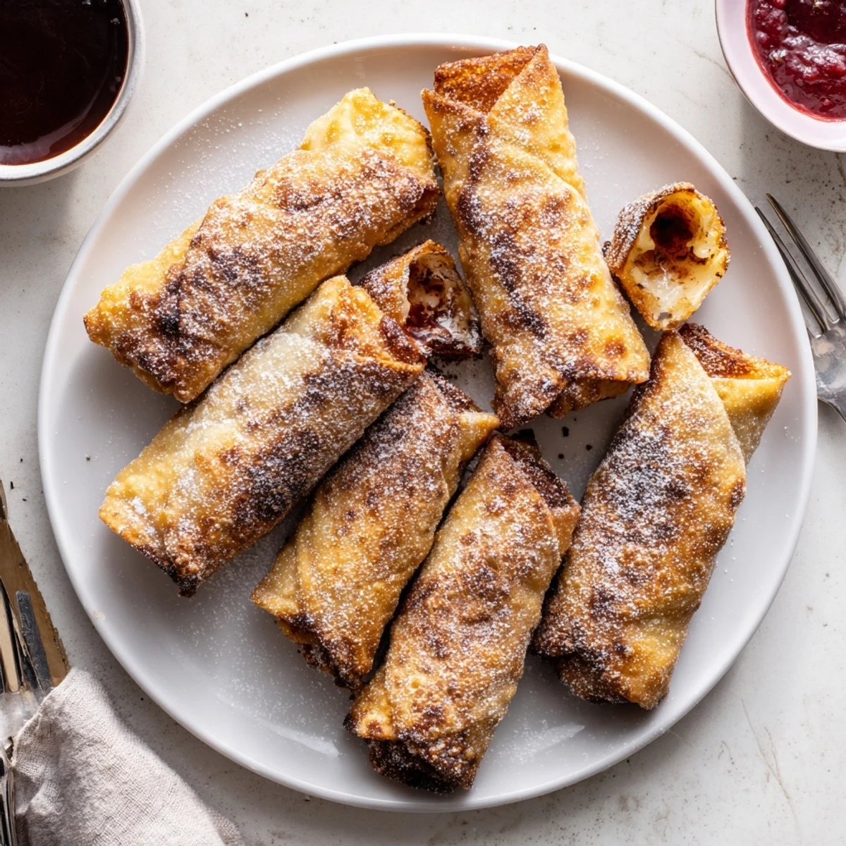 Cheesecake egg rolls served warm with rich chocolate dipping sauce nearby