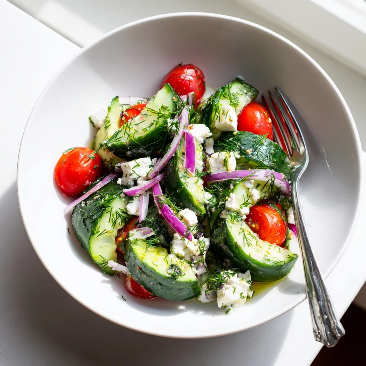 Creamy feta cucumber herb salad drizzled with bright lemon olive oil dressing