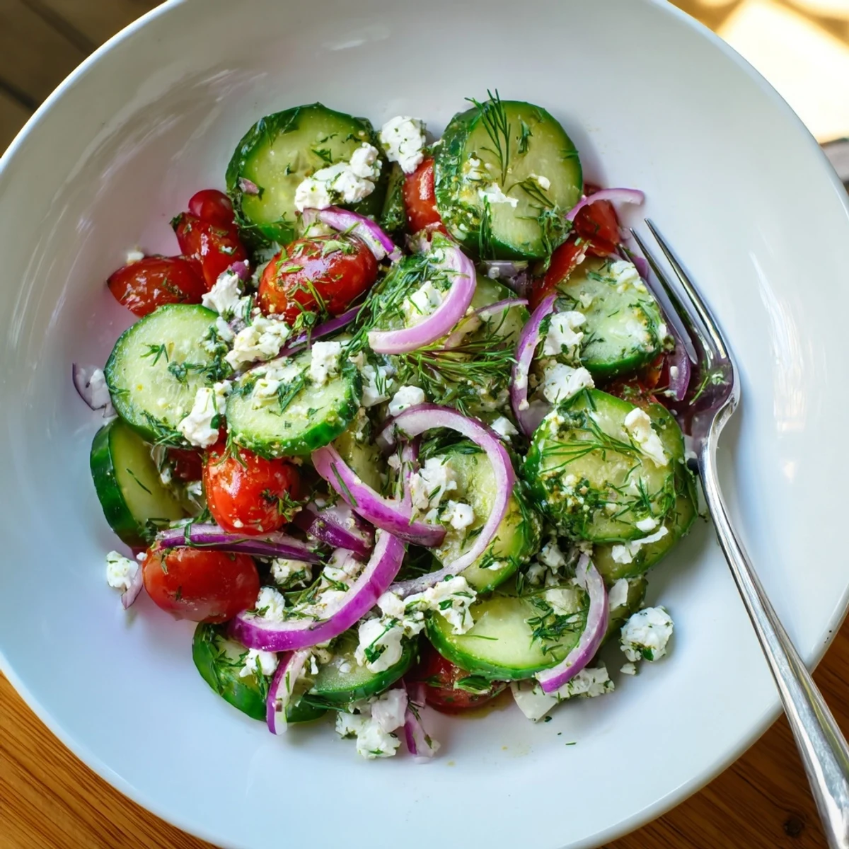 Crumbled feta tops crisp cucumber slices tossed with fresh dill and mint