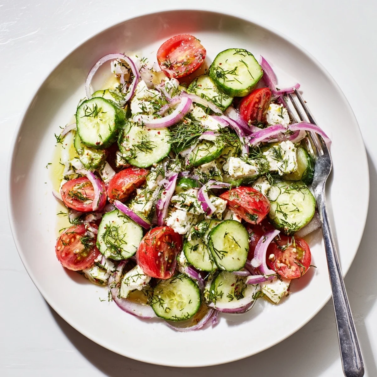 Vibrant feta cucumber herb salad in a bowl garnished with cherry tomatoes