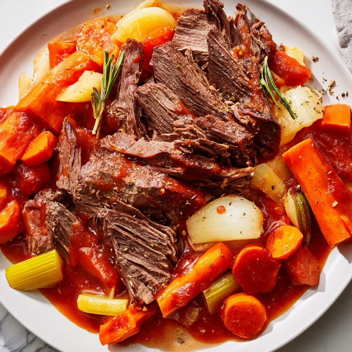 Tender perfect pot roast with glazed carrots and rich pan gravy on a rustic platter
