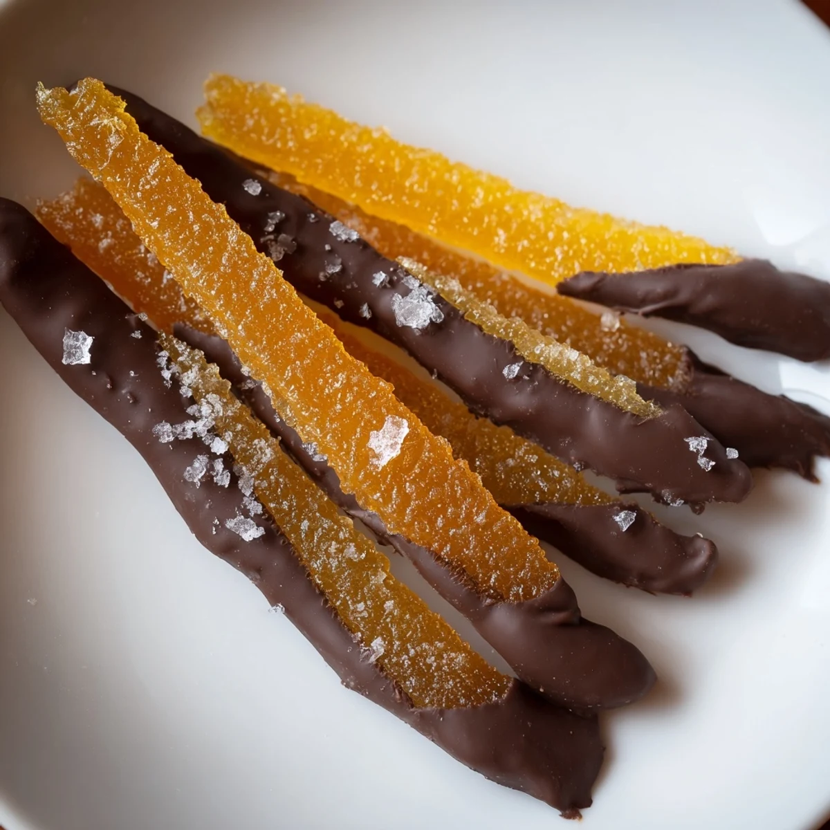 Glistening chocolate covered orange peels arranged on parchment with flaky sea salt