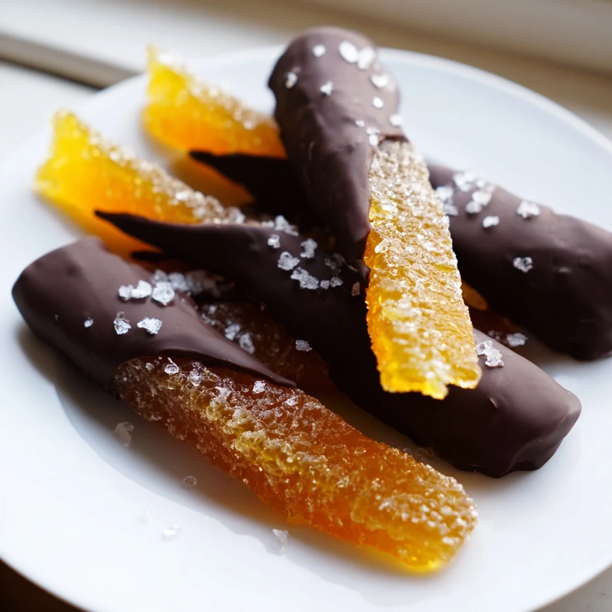 Dark chocolate covered orange peels with translucent candied centers on a wire rack