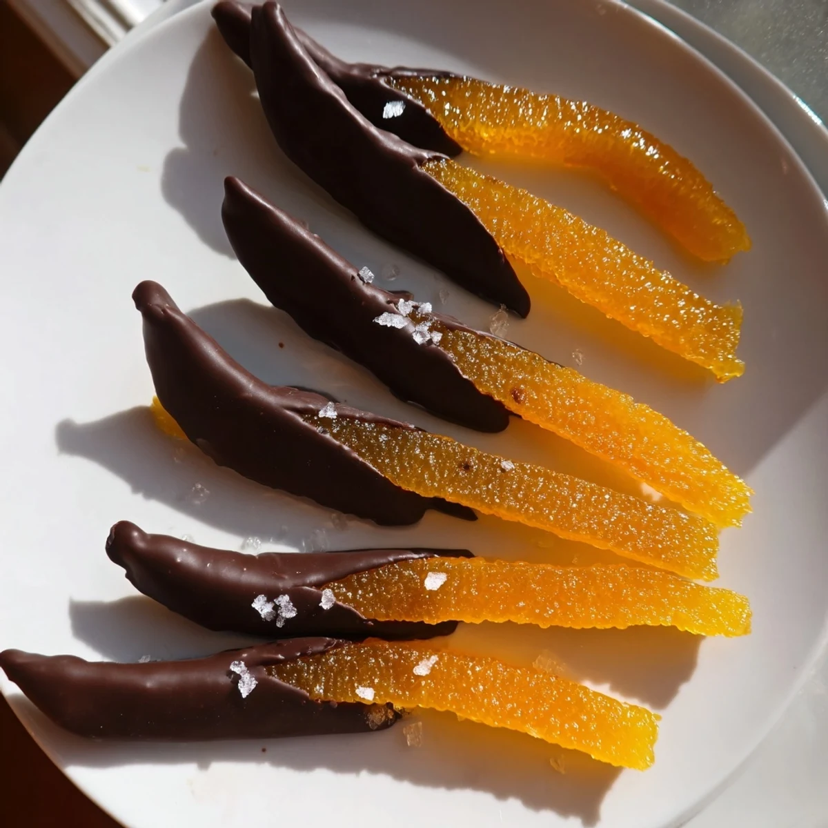 Partially dipped chocolate covered orange peels drizzled with glossy dark coating ready for gifting