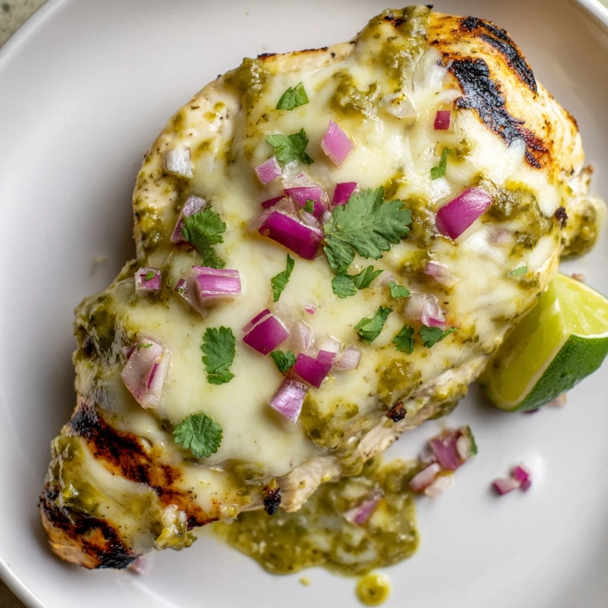 Juicy grilled salsa verde pepper jack chicken with melted cheese dripping over charred edges