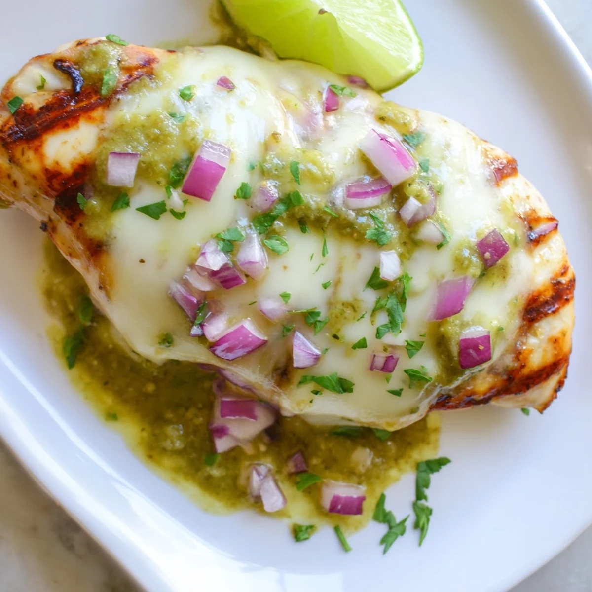 Smoky salsa verde pepper jack chicken topped with fresh cilantro and diced red onion