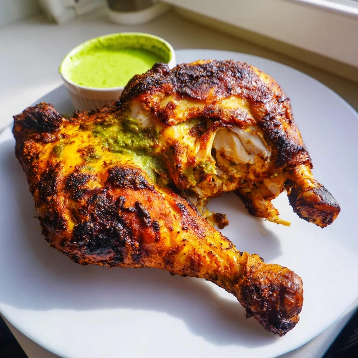 Golden Peruvian Chicken Delight with crispy skin and vibrant green sauce on a rustic plate