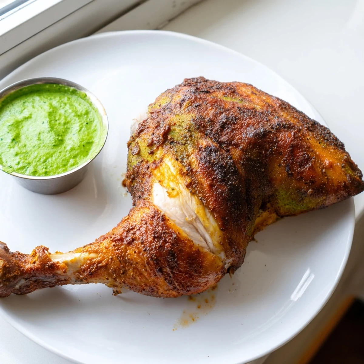 Juicy sliced Peruvian Chicken Delight served with creamy cilantro sauce and roasted potatoes