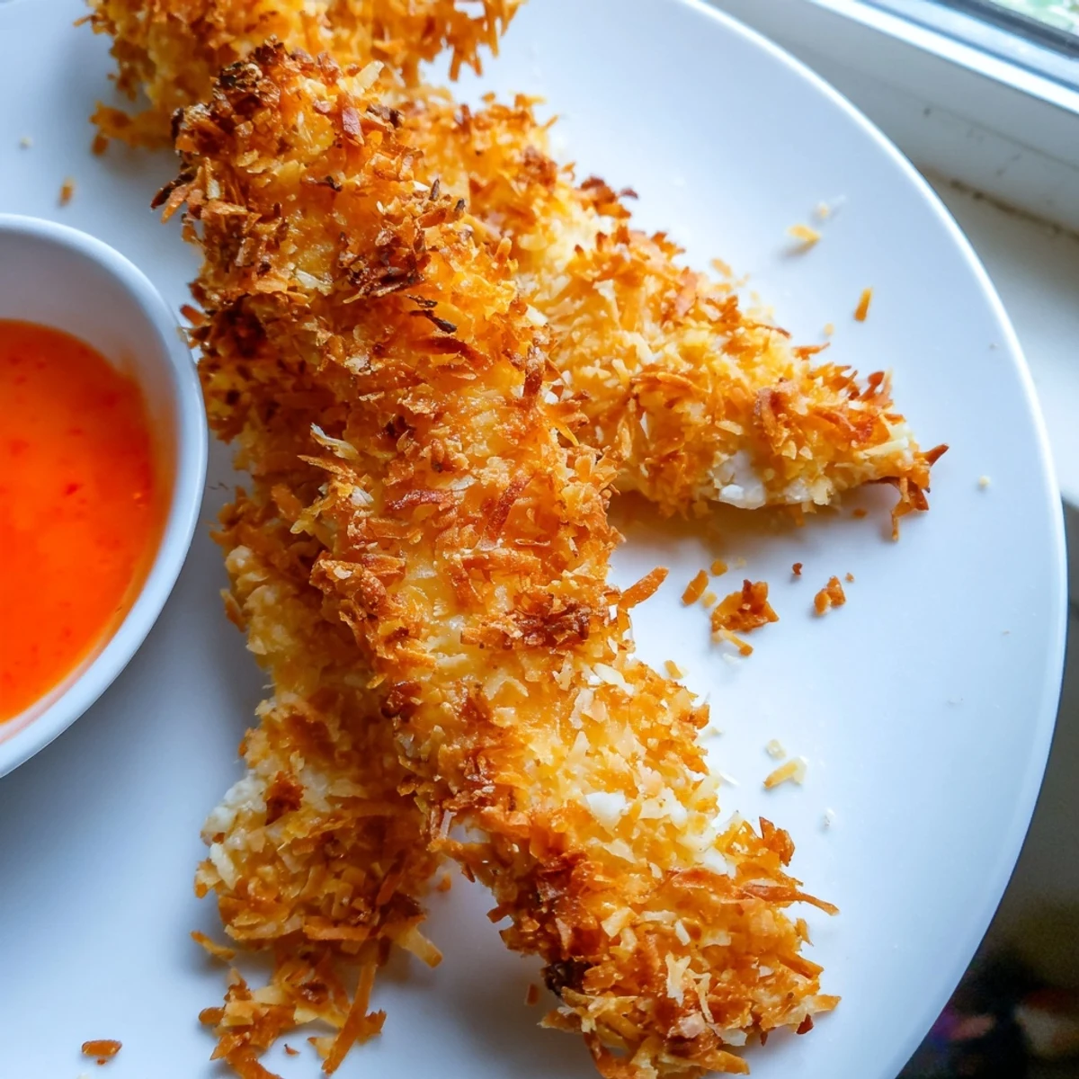 Golden crunchy coconut chicken strips served hot with sweet chili dipping sauce