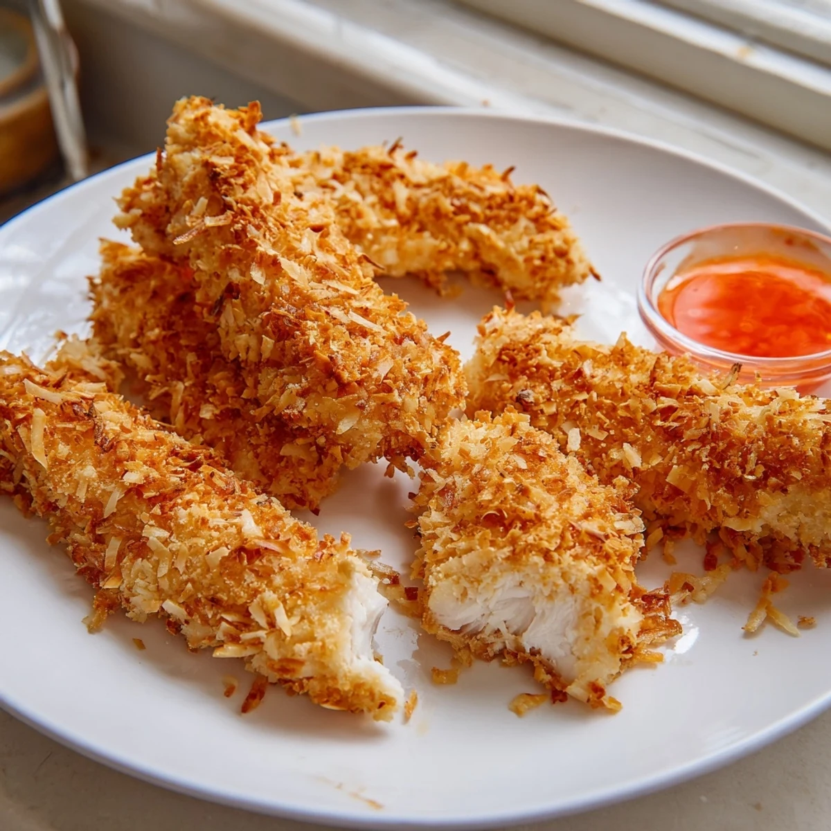 Juicy coconut chicken strips with a crunchy panko crust, ready for dipping
