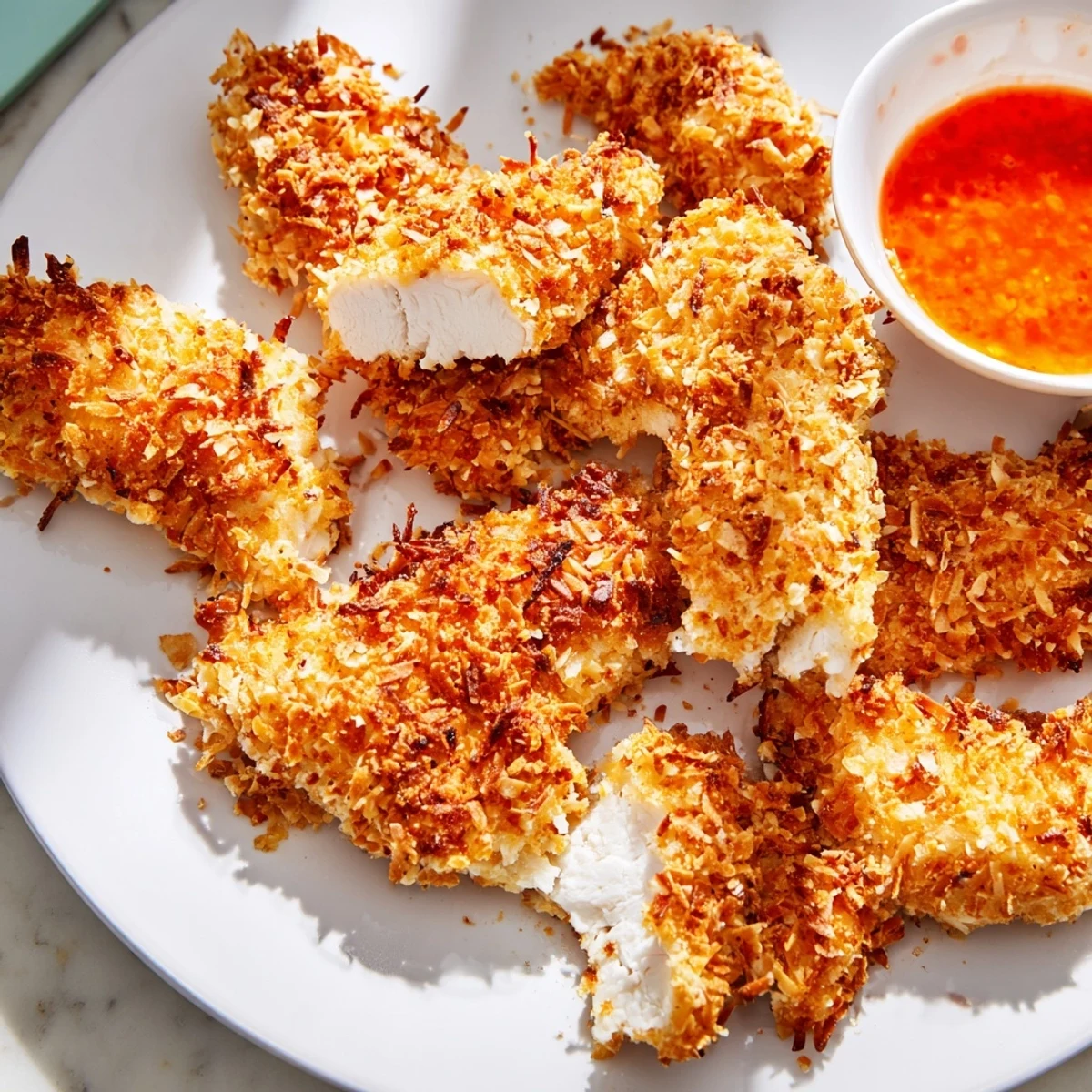 Crispy baked coconut chicken tenders on a parchment-lined sheet, perfectly golden brown