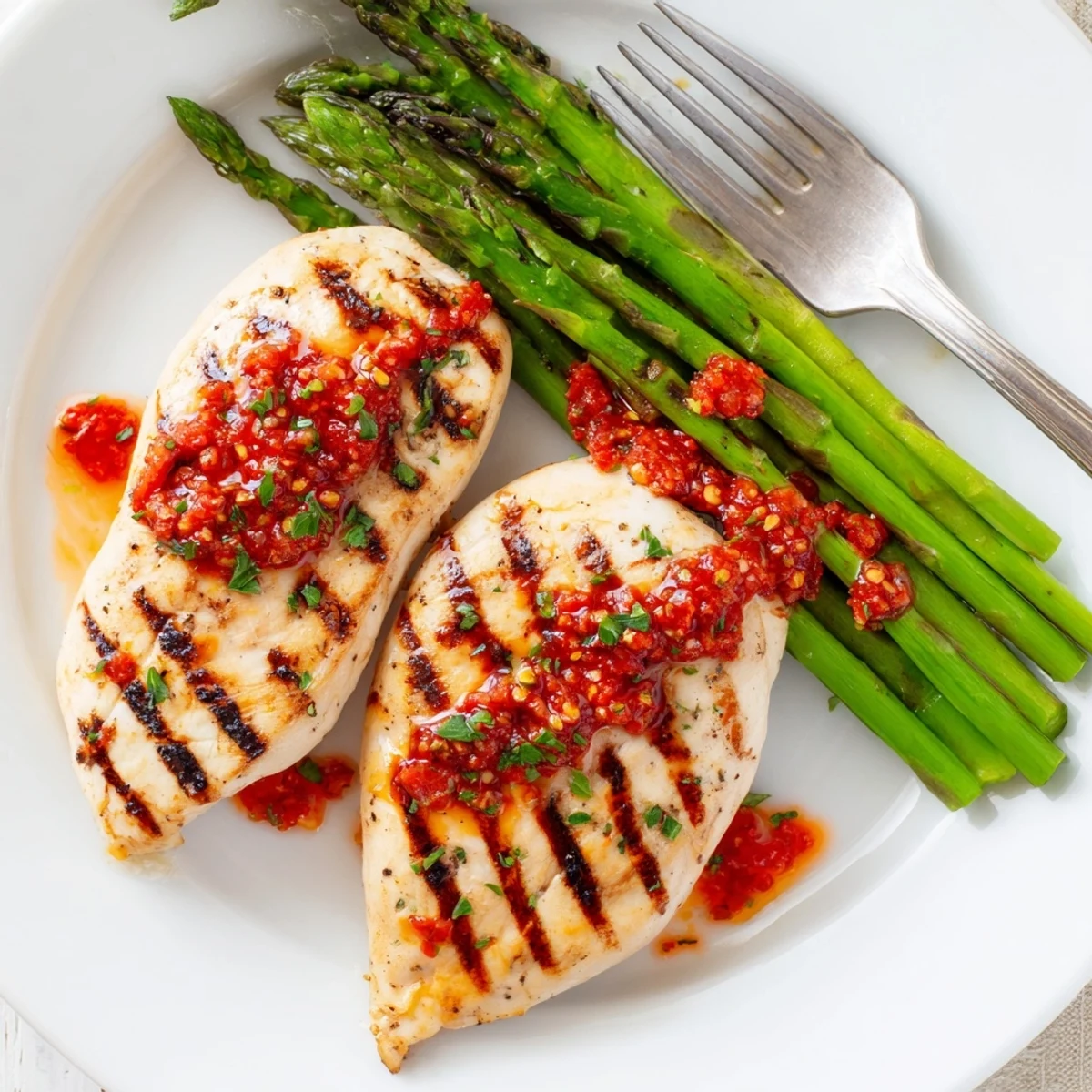 Juicy grilled chicken with charred asparagus drizzled in spicy Calabrian chili sauce
