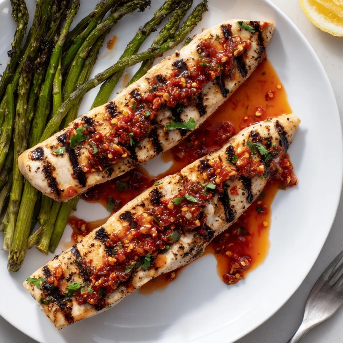 Golden grilled chicken breasts nestled beside tender asparagus with vibrant red chili sauce