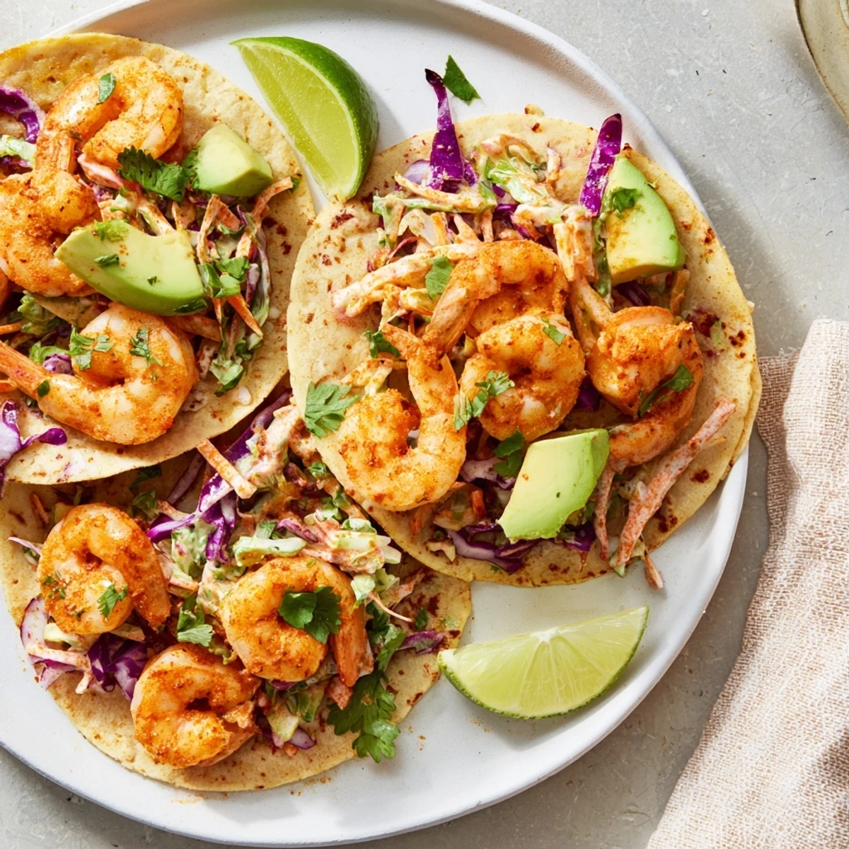Golden spicy shrimp tacos topped with creamy garlic cilantro lime slaw on warm tortillas