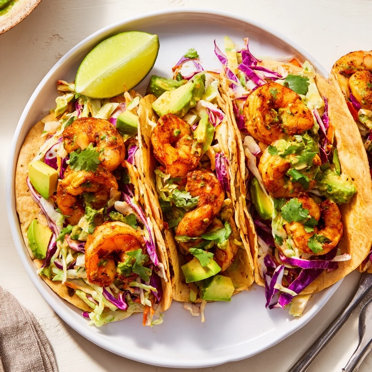 Close-up of spicy shrimp tacos piled high with zesty garlic cilantro lime slaw and ripe avocado