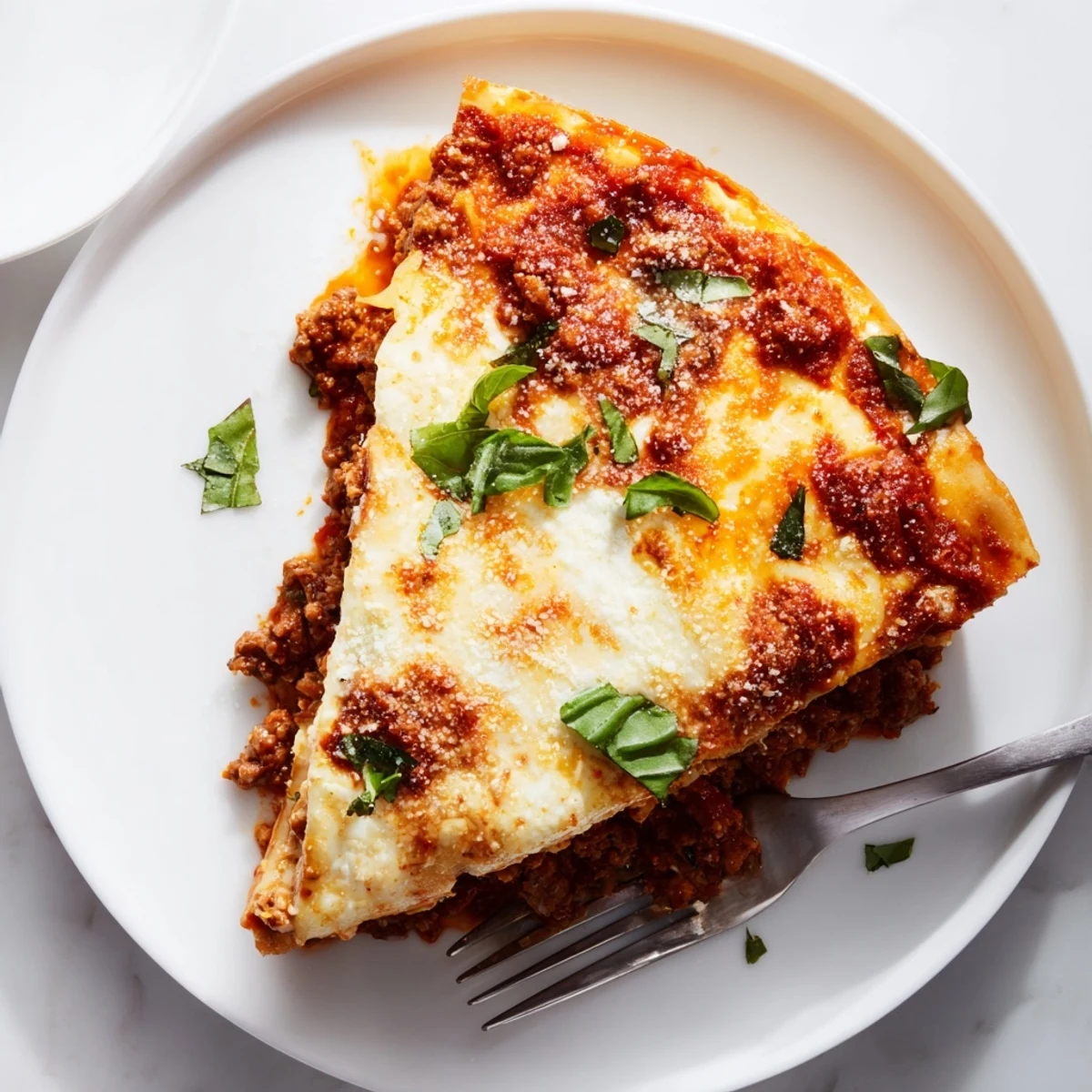 Warm cheesy lasagna pie recipe topped with melted cheese and fresh basil garnish