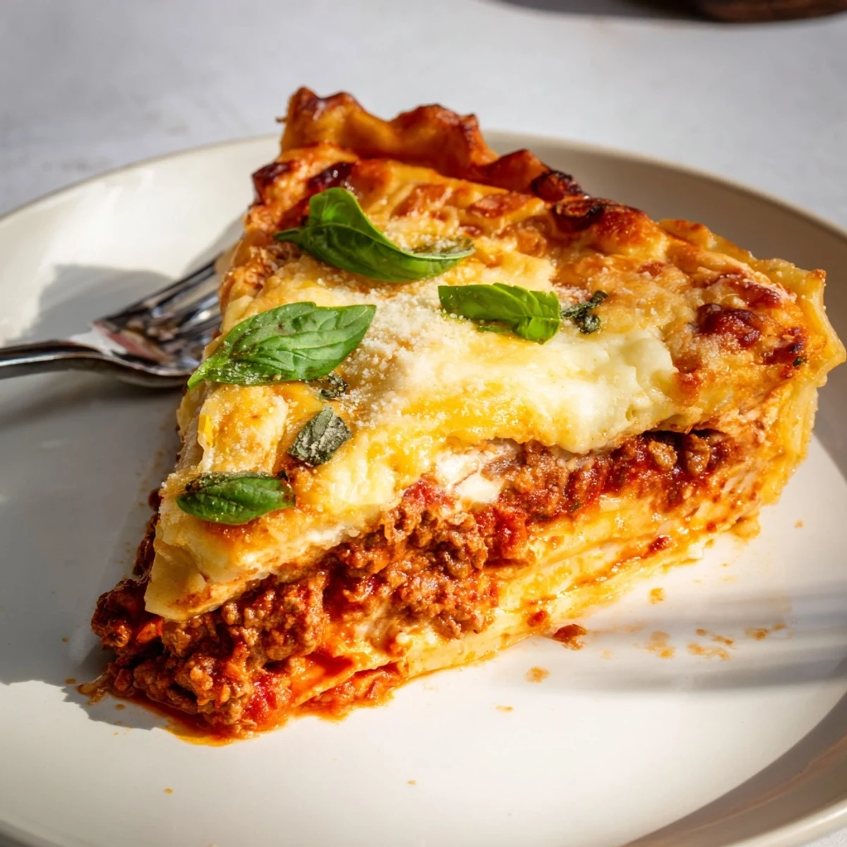 Golden bubbly cheesy lasagna pie with gooey layers fresh from the oven