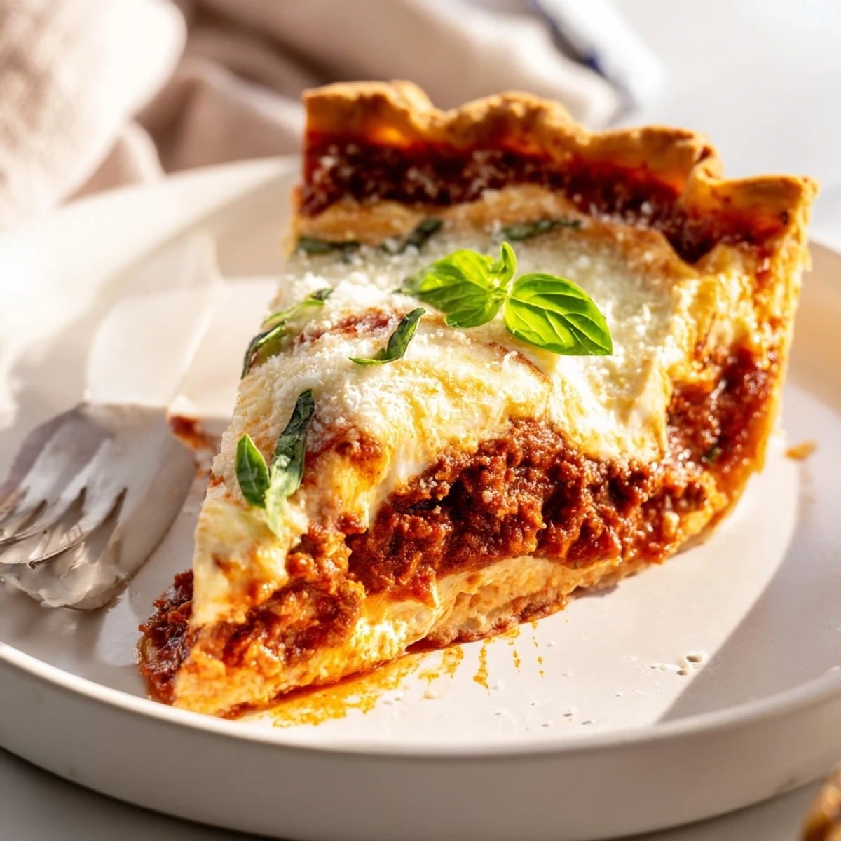Cheesy lasagna pie recipe sliced open revealing stretchy mozzarella and rich meat sauce
