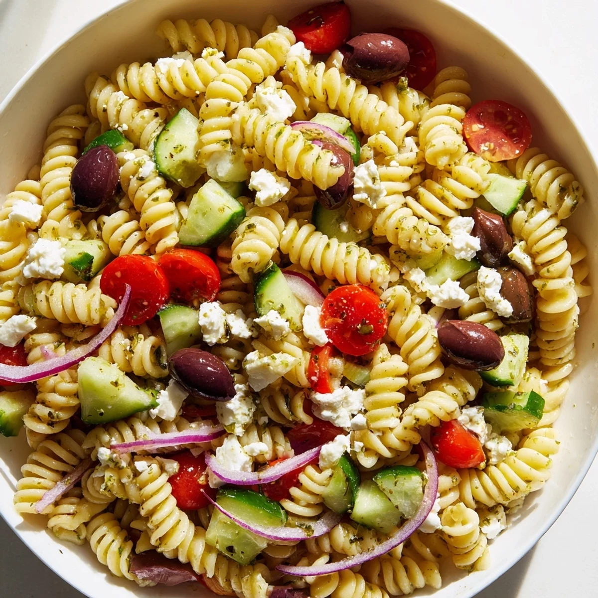 Colorful Greek pasta salad with juicy tomatoes, crunchy cucumbers, and tangy feta in a sunny bowl