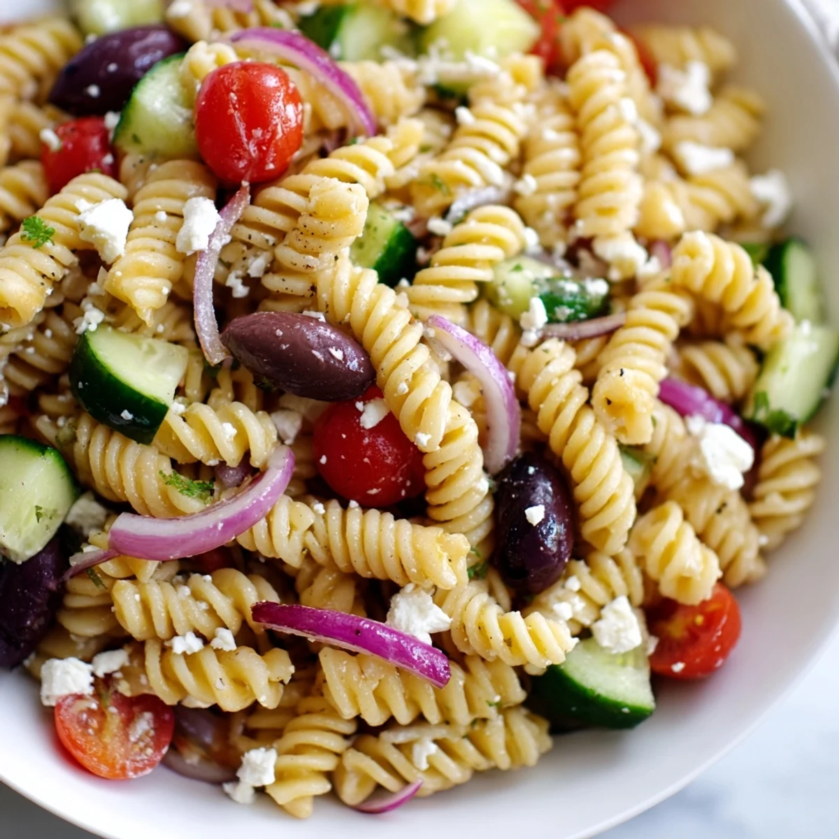 Creamy crumbled feta and briny olives top this refreshing Greek pasta salad served chilled