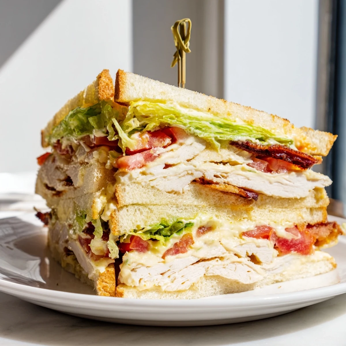 Club Sandwich stacked with crispy bacon, roasted chicken, and fresh lettuce on toasted bread