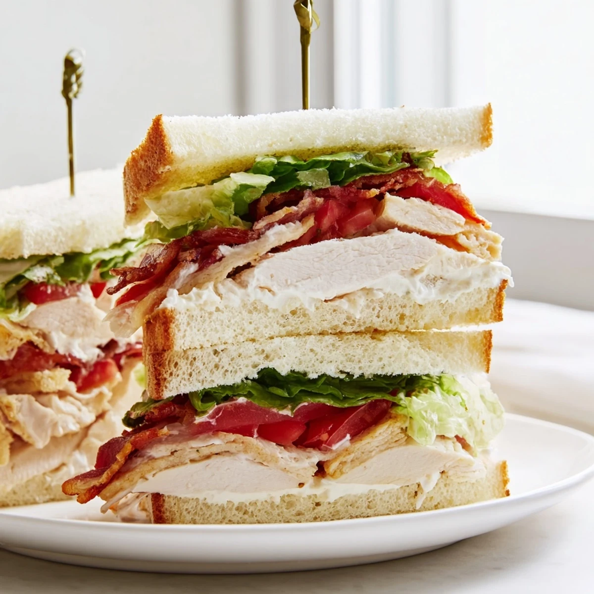 Triple-layered Club Sandwich featuring juicy tomatoes, creamy mayo, and golden toasted bread slices
