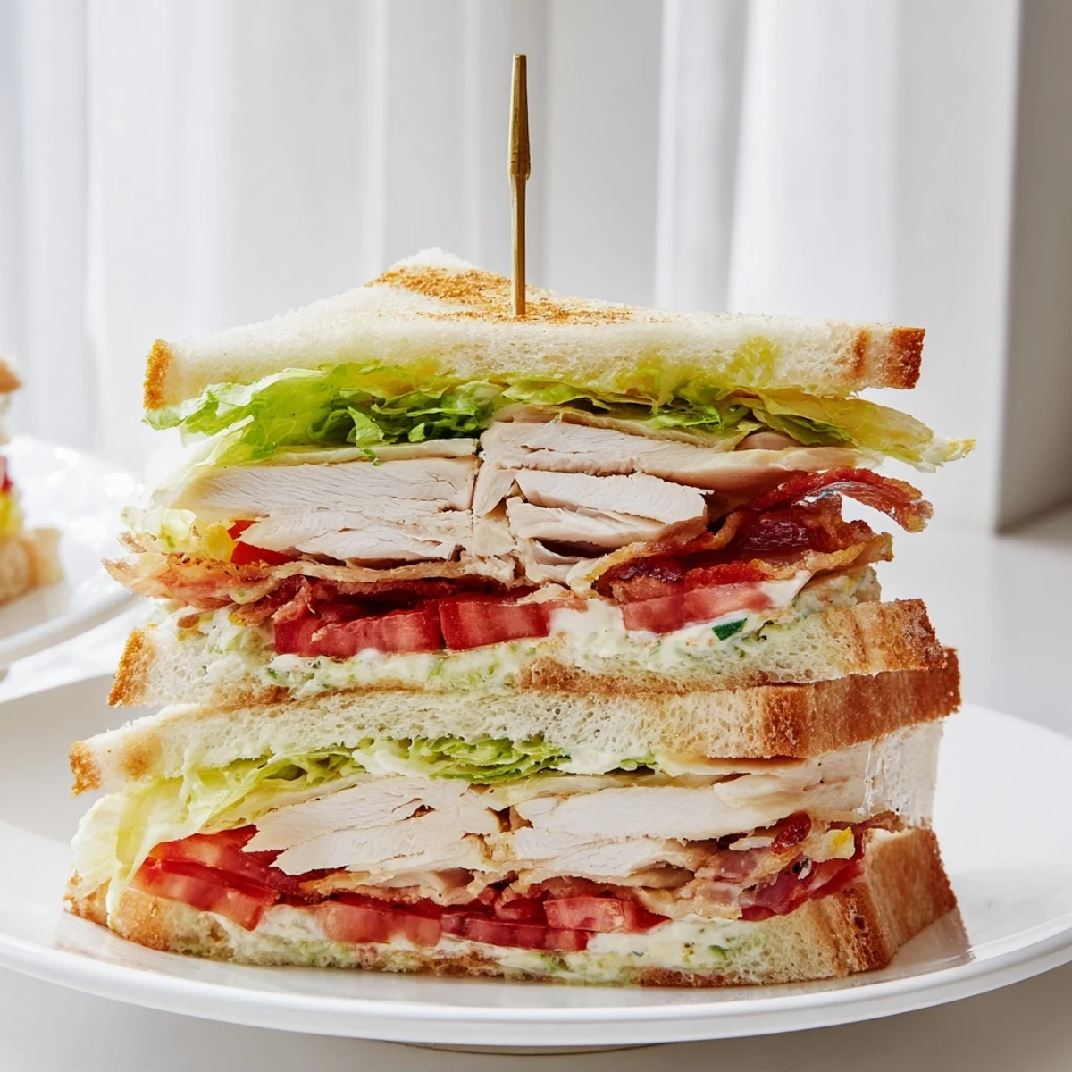 Classic Club Sandwich cut into triangles showcasing bacon, lettuce, and tender sliced chicken