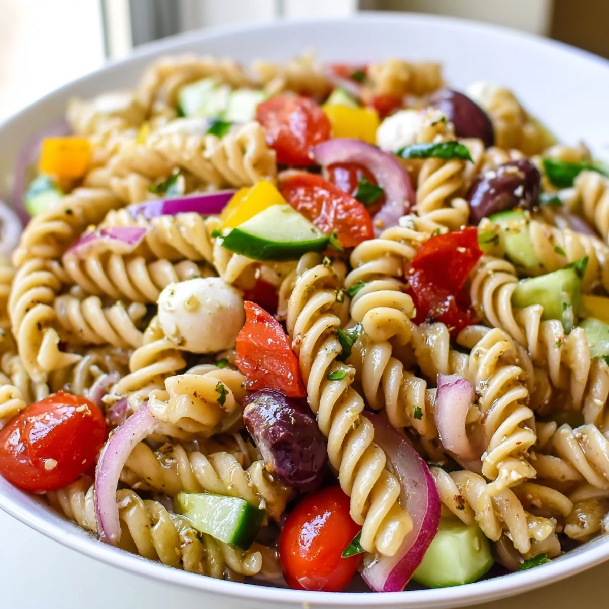 Colorful vegetarian Italian pasta salad with cherry tomatoes, olives, and fresh basil