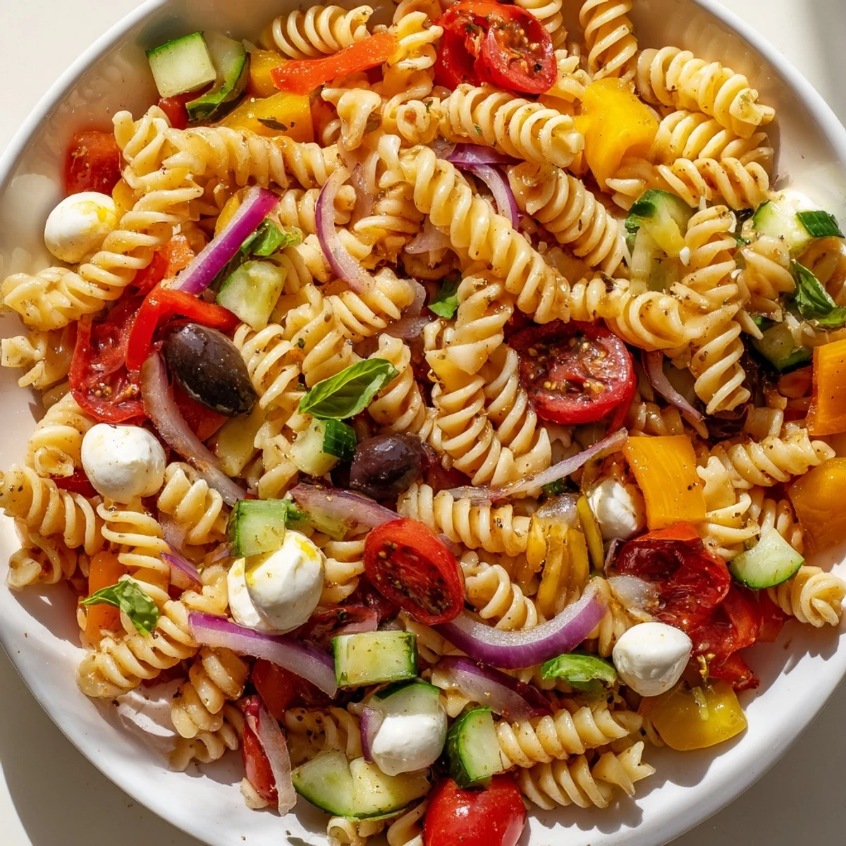 Vegetarian Italian pasta salad tossed in tangy vinaigrette with mozzarella and peppers
