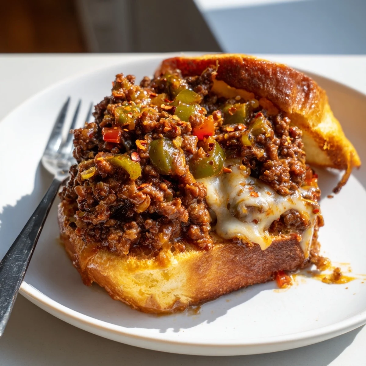 Steaming cheesy Philly Sloppy Joes in a cast iron skillet with stretchy melted mozzarella topping
