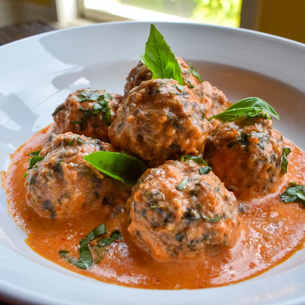 Golden baked meatballs nestled in creamy tomato basil sauce with fresh herb garnish