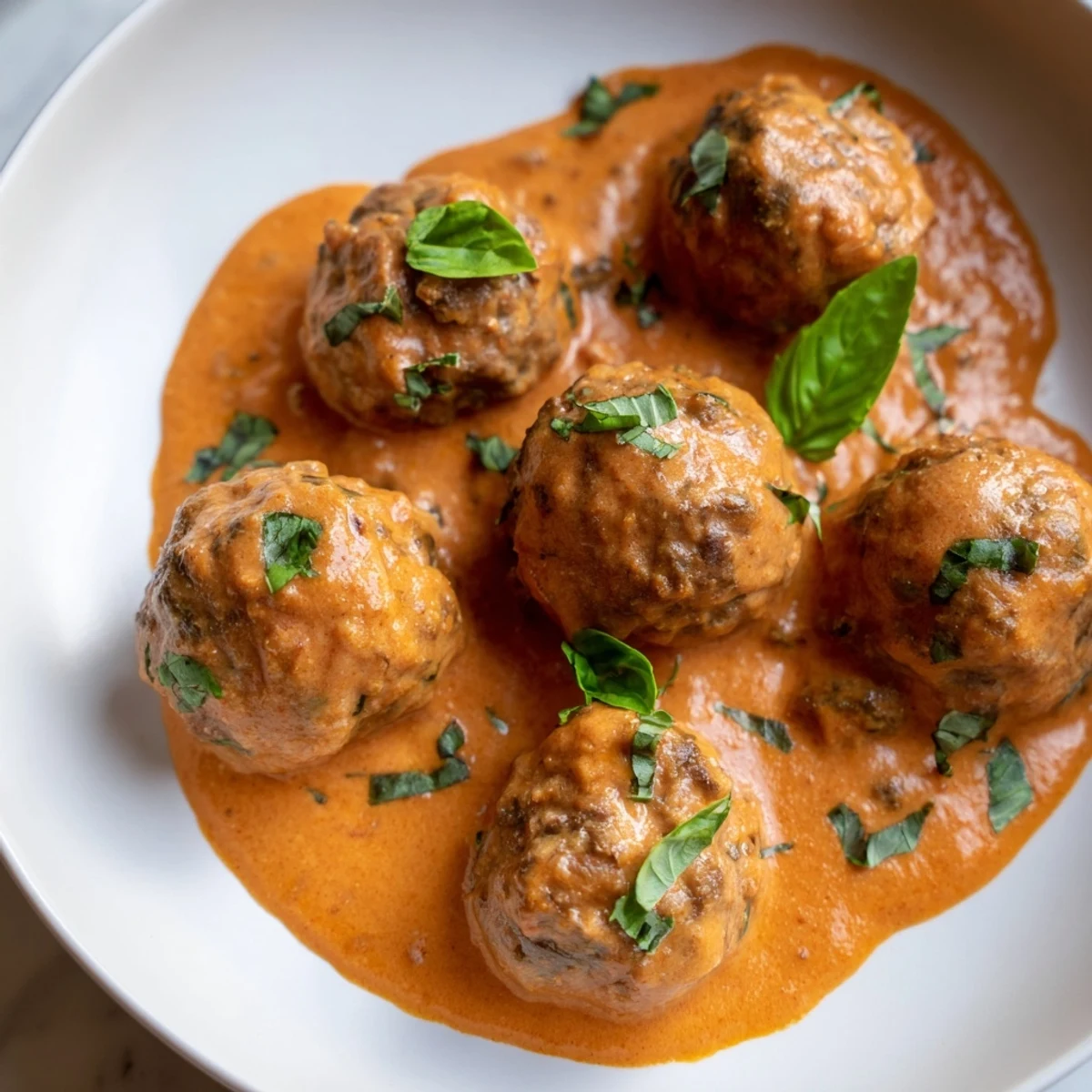 Tender creamy tomato basil meatballs served over pasta in a bubbly skillet dinner