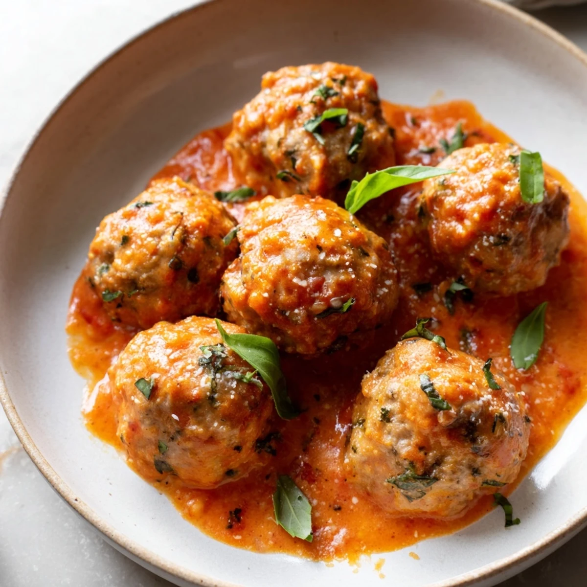 Creamy tomato basil meatballs swimming in a rich velvety red sauce topped with parmesan