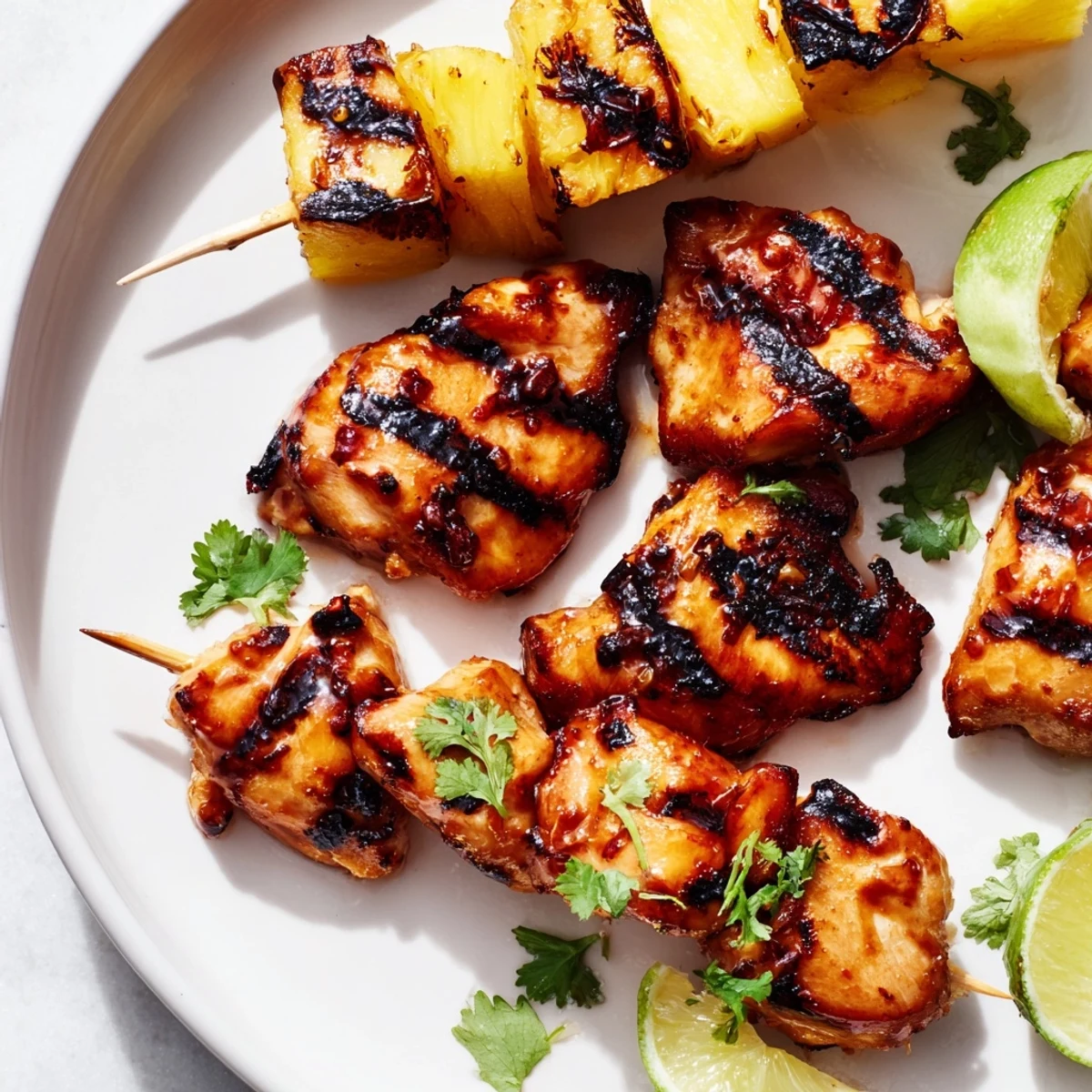 Juicy chili pineapple grilled chicken with charred edges and golden pineapple chunks on a rustic platter