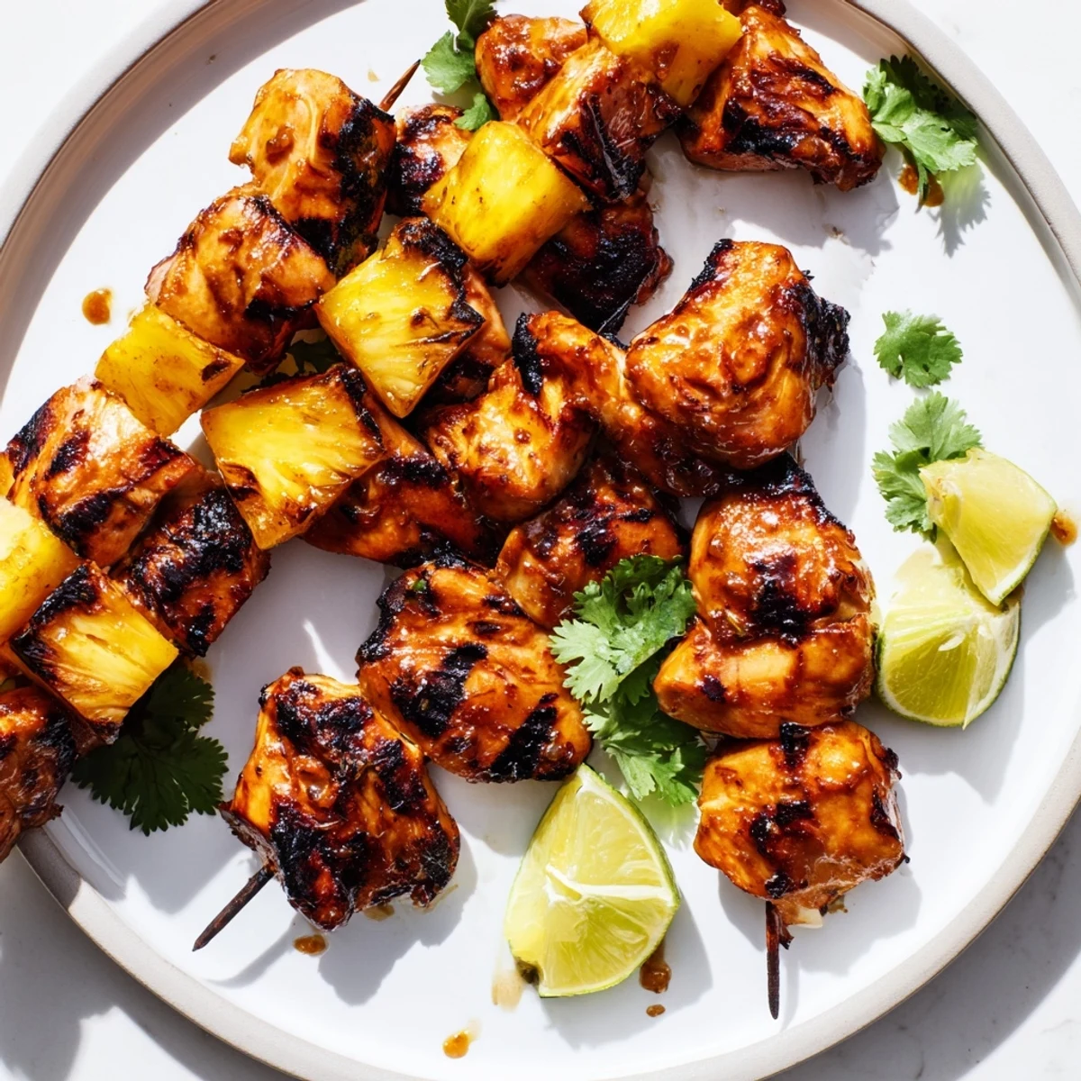 Spicy-sweet chili pineapple grilled chicken glazed and garnished with fresh cilantro and lime wedges