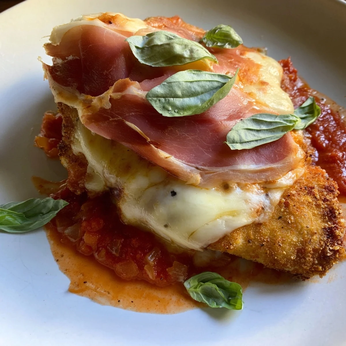 Golden Chicken Valdostana topped with melted Fontina cheese and crispy prosciutto slice
