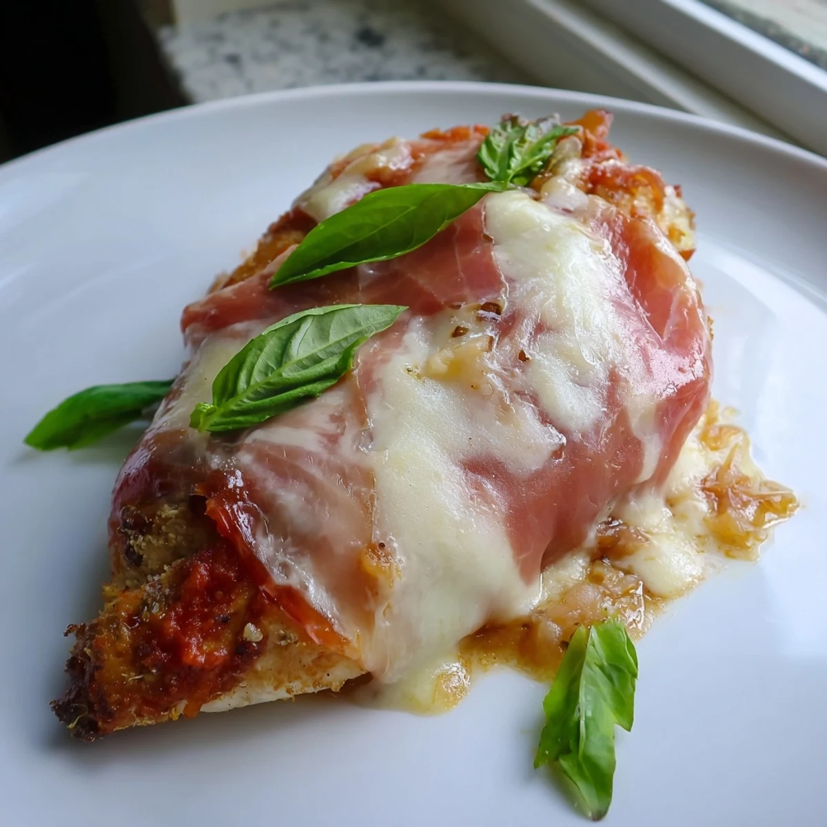 Creamy Chicken Valdostana in rustic tomato wine sauce garnished with fresh basil