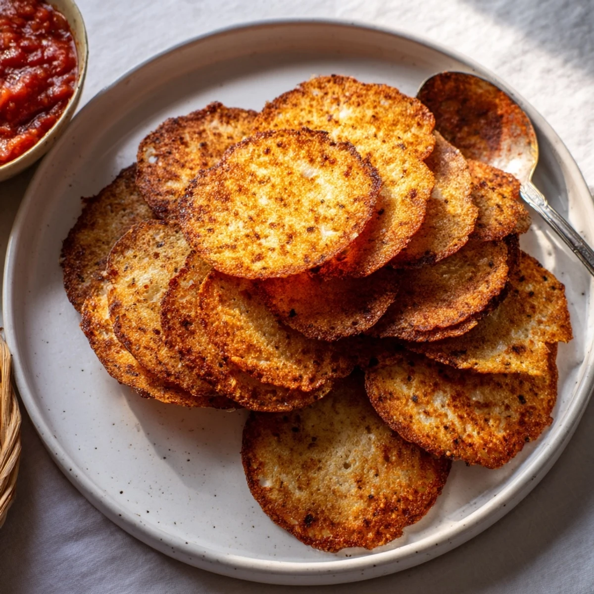 Golden crispy cottage cheese chips seasoned with garlic and smoked paprika on parchment