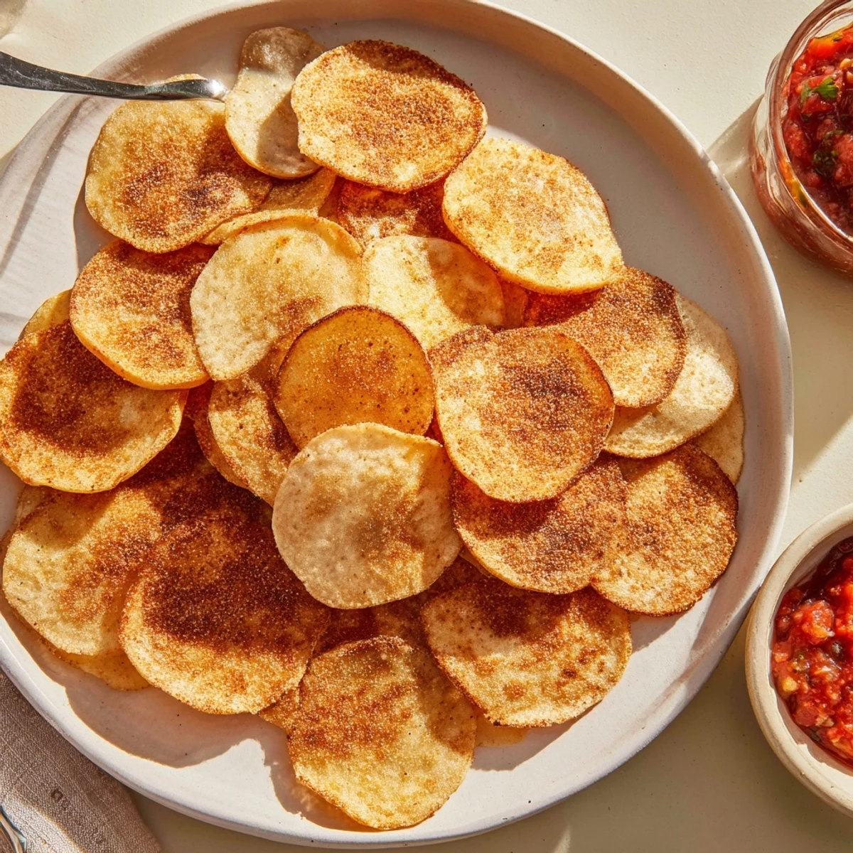 Perfectly browned cottage cheese chips cooling on a baking sheet ready for snacking